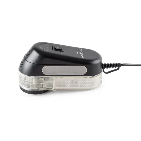 Afeitadora de telas eléctrica de telas Restora con mango ergonómico y depósito de pelusa transparente de gran tamaño.