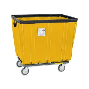 Camión de cesta de vinilo amarillo de 10 bushels con ruedas y marco de acero negro.