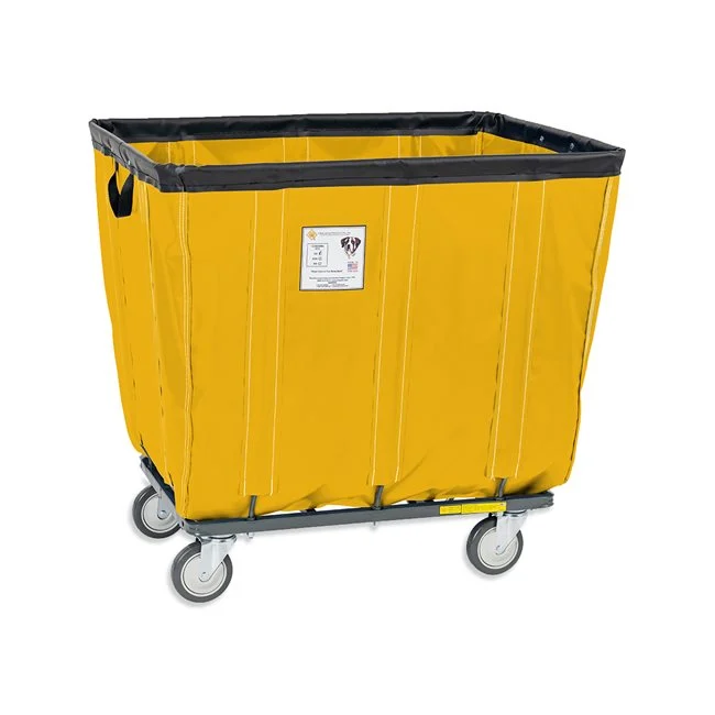 Camión de cesta de vinilo amarillo de 10 bushels con ruedas y marco de acero negro.