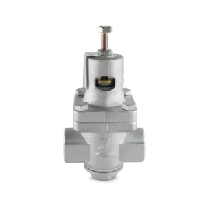 Válvula reductora de presión de vapor Armstrong de 1 pulgada fabricada en metal plateado con tornillo de ajuste superior.