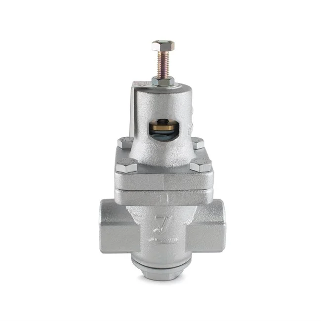 Válvula reductora de presión de vapor Armstrong de 1 pulgada fabricada en metal plateado con tornillo de ajuste superior.