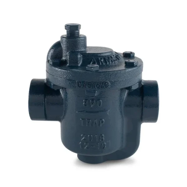 Trampa de vapor de cubeta invertida color azul oscuro fabricada en hierro fundido con conexiones de 1/2 pulgada.